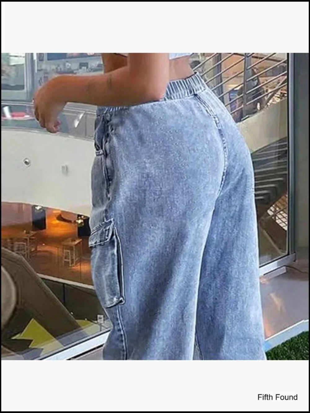 Mid Rise Cargo Jeans Elastic Waist Stretch Wide Leg Denim Pants with Pockets - Picture 6 of 7